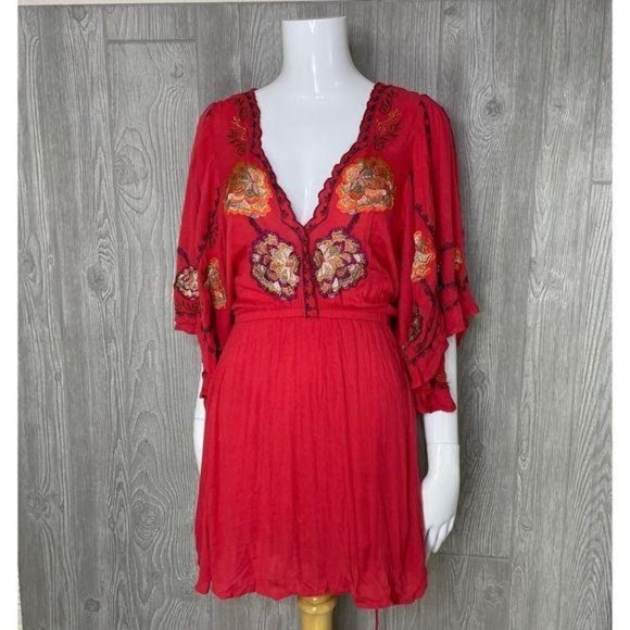 Free People Cora Coral Red Embroidered flutter sleeve beach summer Dress XS - Picture 5 of 10